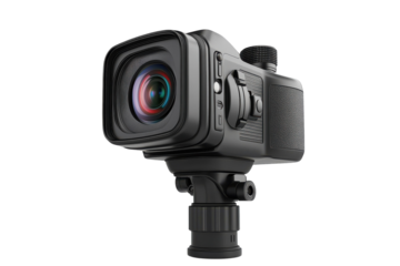 Capturing moments with a sleek modern camera reflecting colorful lens flares on a black on transparent background