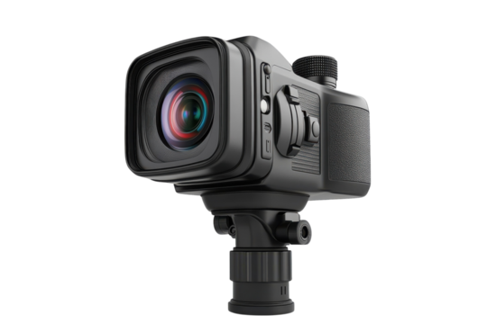 Capturing moments with a sleek modern camera reflecting colorful lens flares on a black on transparent background