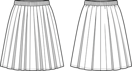 CAD drawing, flat vector illustration, pleated skirt design, plain skirt sketch, technical garment art, fashion design, sewing pattern, apparel illustration,