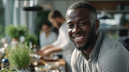 Joyful man preparing fresh food in natural light kitchen, representing healthy emotional balance and mindful living Image 4K UHD