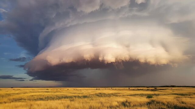 Dolly push into high plains with thick thunderclouds rolling overhead