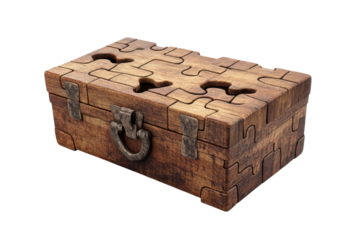 Discover the charm of a rustic wooden puzzle box unlocking memories and secrets bathed in warm on transparent background