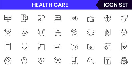 Health and Fitness vector web line icon collection, sleek illustrations of weights, heart monitors, yoga, wellness for active designs. 