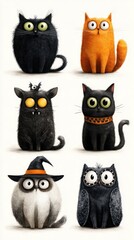 Six whimsical cartoon cats and owls dressed for Halloween in various playful poses and expressions