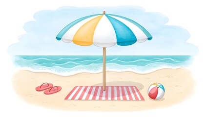 Beach umbrella with striped towel flip flops and beach ball by the ocean