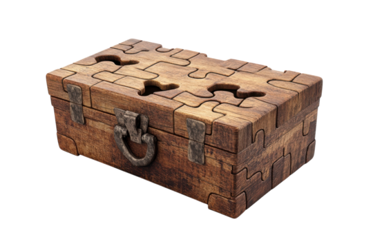 Discover the charm of a rustic wooden puzzle box unlocking memories and secrets bathed in warm on transparent background