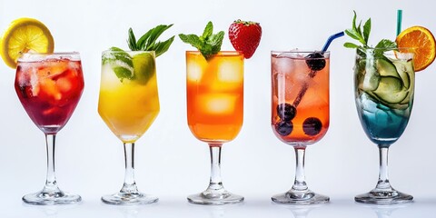 PNG set of six vibrant cocktails with color, garnish, and clear backgrounds