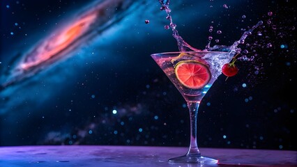 Cosmic cocktail splash with galaxy and cherry garnish