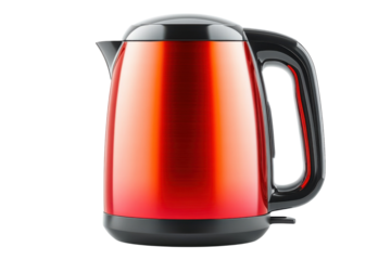 Elegant red electric kettle poised for a quick morning brew its sleek design reflecting the on transparent background
