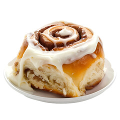 A freshly baked cinnamon roll topped with creamy white icing, served on a small plate.