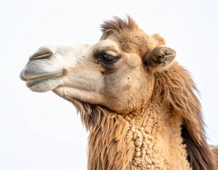 Fototapeta premium Cinematic portrait of a camel, slightly off-center, against an expansive, pure white void. The lighting should evoke a sense of vastness and mystery, with subtle shadows defining its form. Consider a 