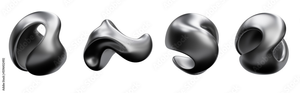 Fototapete 3d rendering smooth, abstract metallic form in dark chrome. dynamic twist shape design element set