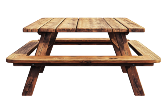 Inviting picnic table crafted from weathered wood evokes memories of summer gatherings and on transparent background