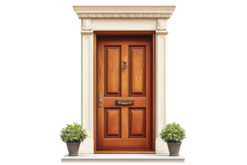 Inviting wooden door flanked by potted plants beckons entry symbolizing warmth and possibility on transparent background
