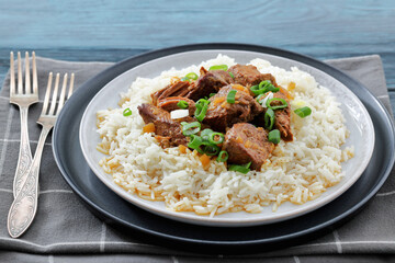 beef slow cooked with gravy served over rice