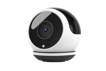 Modern white and black security camera vigilant eyes for safety on black transparent background with a sleek dome shape
