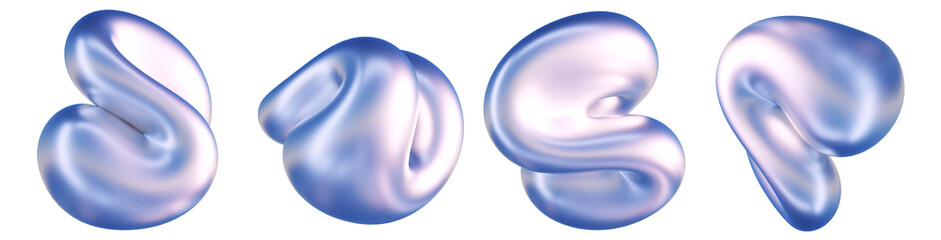 Abstract holographic 3d rendering shapes with soft pastel color gradient of blue purple. Liquid metal organic object set
