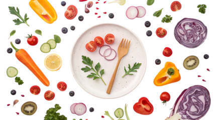 Healthy eating concept with fresh vegetables and fruit on plate for vegan diet and nutrition 100 char on transparent background