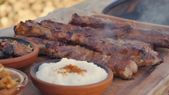 Grilled meats, South African Braai,  including boerewors and steak, smoky BBQ atmosphere with warm evening light, served with pap and chutney
