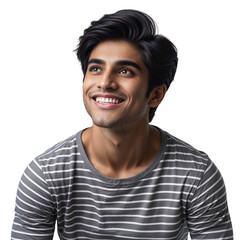 Happy young Indian man looking up with optimistic expression and smile on isolated transparent background.