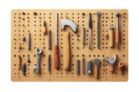 Organized Tools Ready for the Next Project Hanging on a Pegboard in a Workshop Setting with on transparent background