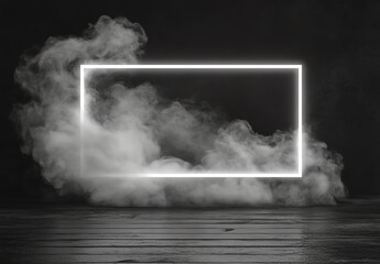A glowing neon rectangular frame floats amidst thick, swirling white smoke on a dark wooden floor and black background.