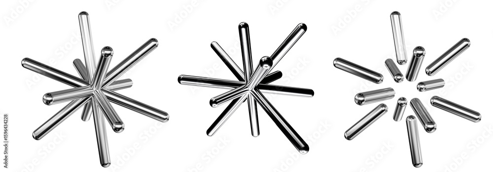 Fototapete a set of 3d rendering geometric starburst chrome shapes. abstract metallic form design elements