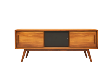 Retro wooden media console radiates mid century modern charm perfect for cozy homes with sleek on transparent background