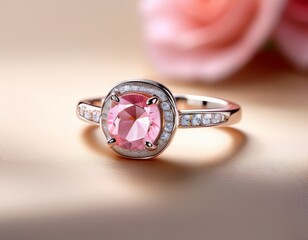 elegant pink gemstone ring with diamond accents on a soft background
