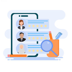 Human resource management, employee recruitment. Reading CVs and reviewing prospective employees. Employee recruitment concept. Flat style illustration.