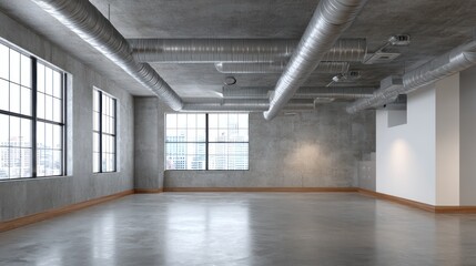 Fototapeta premium Minimal open loft with brushed aluminum ducts and stained concrete floor, harsh rim light from single spotlight and gritty