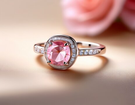 elegant pink gemstone ring with diamond accents on a soft background - Powered by Adobe