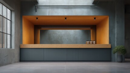 Minimal snack bar with framed steel counter and cork-covered ceiling, orange ochre and iron gray tones, top-lit with hard