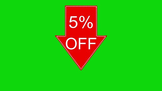 5 percent off discount offer icon animation. Animated arrow pointing 5 percent off text animation. green background 4k video.