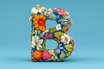 Decorative letter B covered with colorful floral patterns on a light blue background.