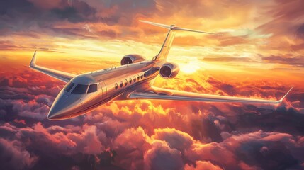 A sleek private jet soaring through the clouds at dusk with a dramatic orange and red sunset backdrop