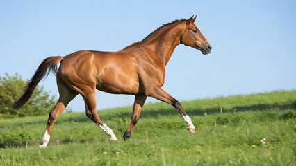Gelderland Warmblood Horse Trotting Gracefully in Green PastureGelderland Warmblood Horse Trotting Gracefully in Green Pasture