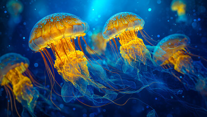 Colorful jellyfish floating in deep blue ocean.