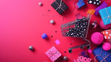 Colorful gifts in a shopping cart on a red background