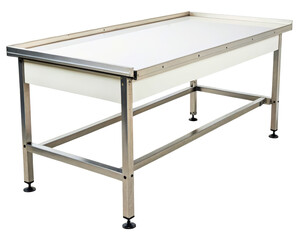 Professional food preparation table with stainless steel frame on a transparent background