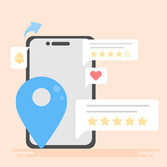 Location-based marketing with customer review icons. For advertising campaigns targeting specific areas. Vector illustration of location-based advertising strategies and customer trust.