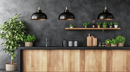 Obraz premium Modern kitchen design with dark accents, wooden counter, and lush greenery. Minimalist aesthetic with sleek fixtures and natural elements