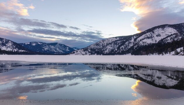 Frozen Lake Reflection- Mirror-like frozen lake surrounded by snow-dusted mountains