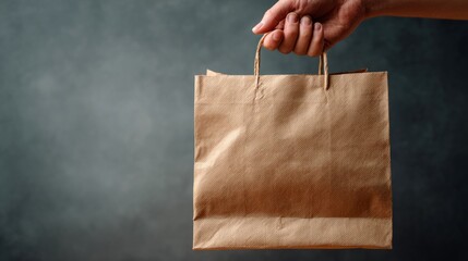 Hand holding a brown paper bag against a textured grey background  