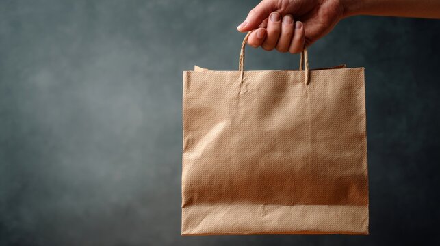 Hand holding a brown paper bag against a textured grey background - Powered by Adobe
