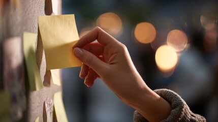 Hand placing yellow sticky note on bulletin board with blurred background  