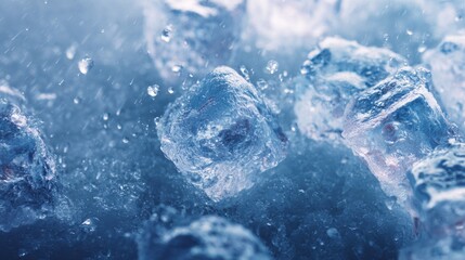 Ice cubes in water with drops and reflections in cool blue tones  