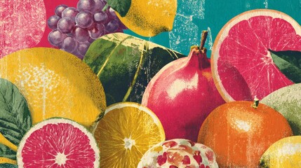 Colorful assortment of fruits on vintage textured background  