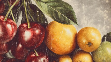 Ripe cherries and oranges with green leaves on textured background  