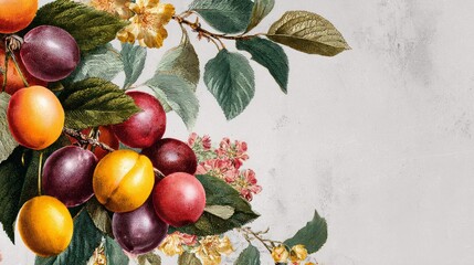 Colorful plums and yellow flowers on textured background  